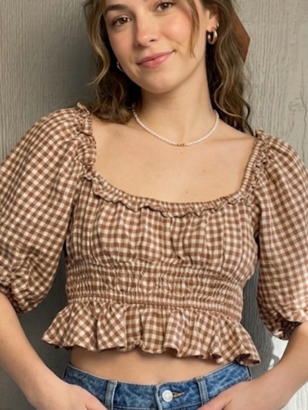 Moodie Brown Gingham Cropped Top with Puffed Sleeves and Elastic Waist, Size S